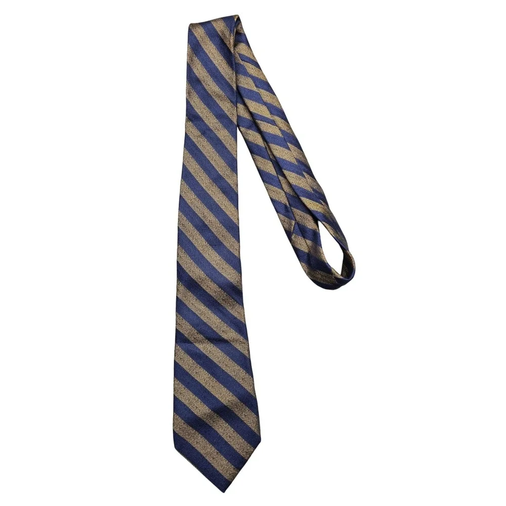 Paul Fredrick Tie Mens One Size Navy Gold Striped 100%‎ Silk Herringbone Classic